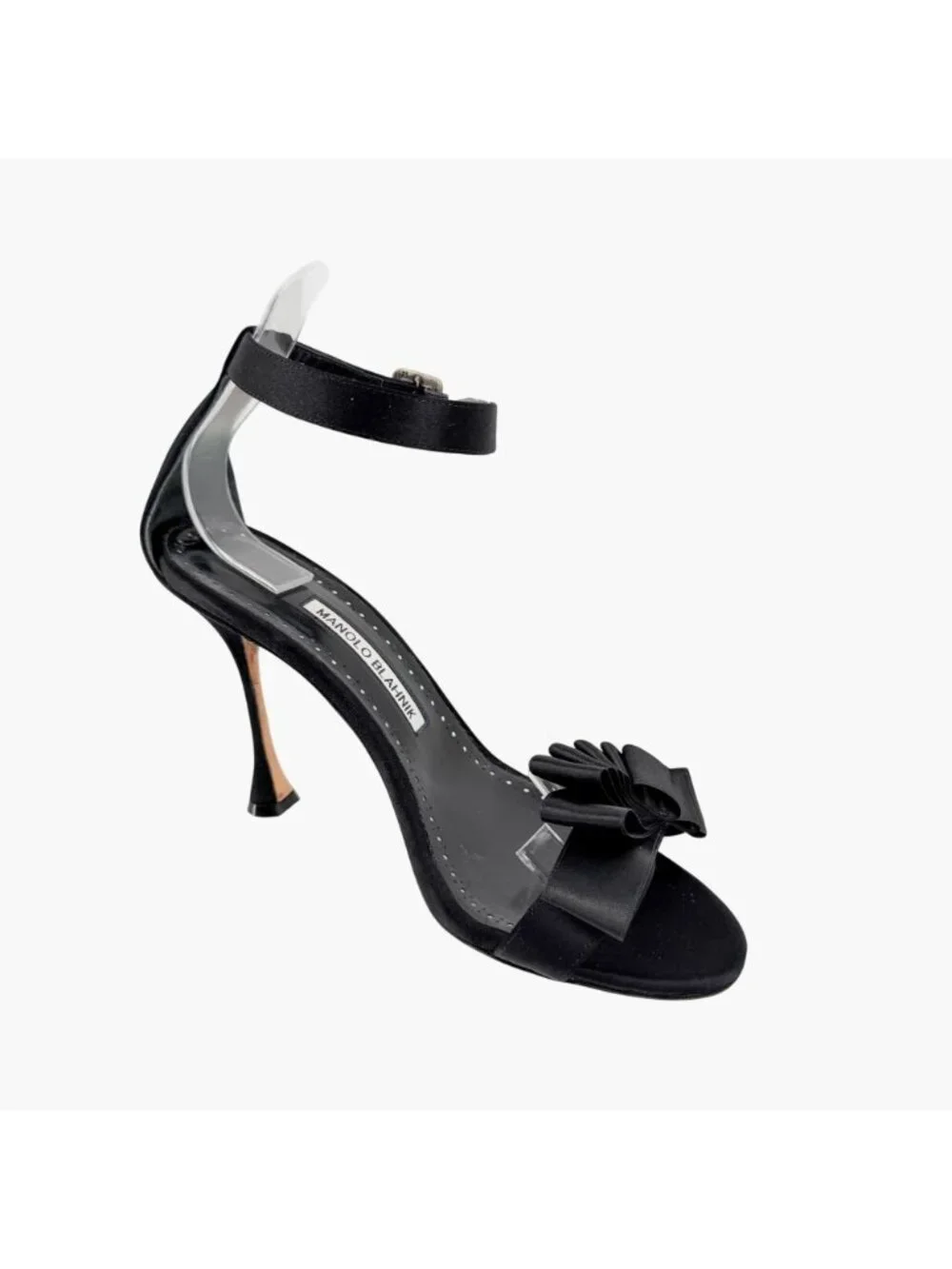 Manolo Blahnik Vinkaos Ruffle Bow Sandals Heels Black Satin Size 39 US 9 Women’s